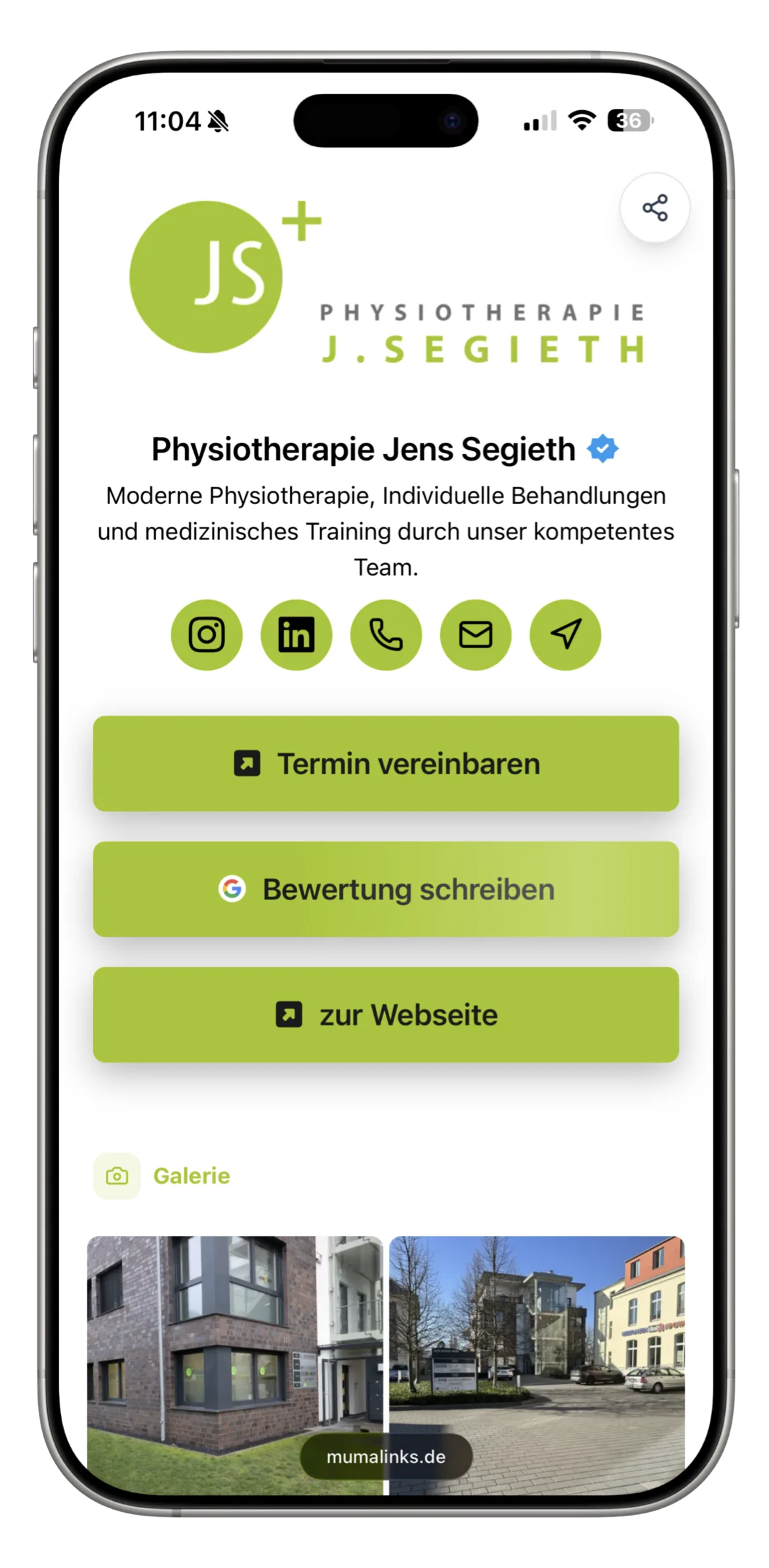 Smartphone zeigt die mumalinks-Profilseite von Physio Jens Segieth